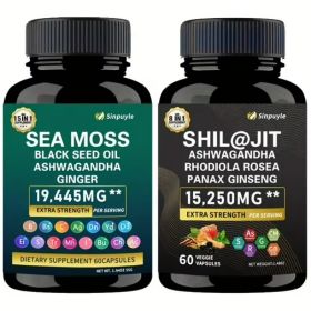 15-in-1 Sea Moss & 8-in-1 Shilajit Ashwagandha Supplement Bundle Energy Mood Support 60 Capsules Each