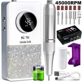 Professional Electric Cordless Nail Drill File-Glitter Portable Cordless E-File Nail Drill Kit With 6 Drill Bits 45000RPM Rechargeable Nail Drills Mac (Option: White)